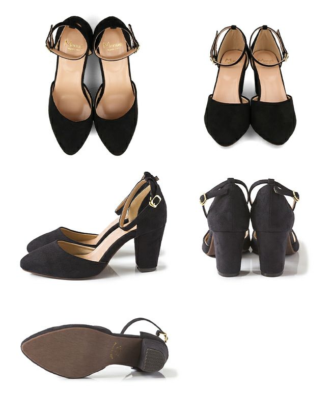 menue（メヌエ） アンクルストラップ付 ポインテッドトゥ 7.5cmヒールパンプス