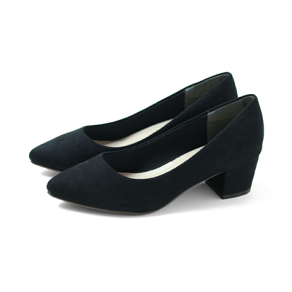 flune（フリューン） 幅広 4E ポインテッドトゥ チャンキーヒール パンプス freely