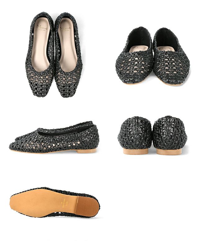 menue（メヌエ） スクエアトゥメッシュ編みフラットパンプス