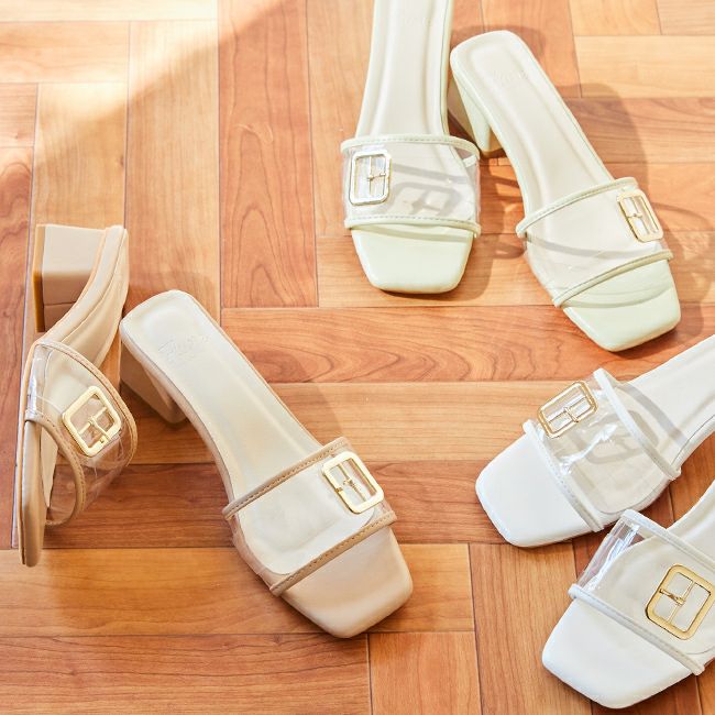 flune（フリューン） スクエアトゥバックルPVCミュール