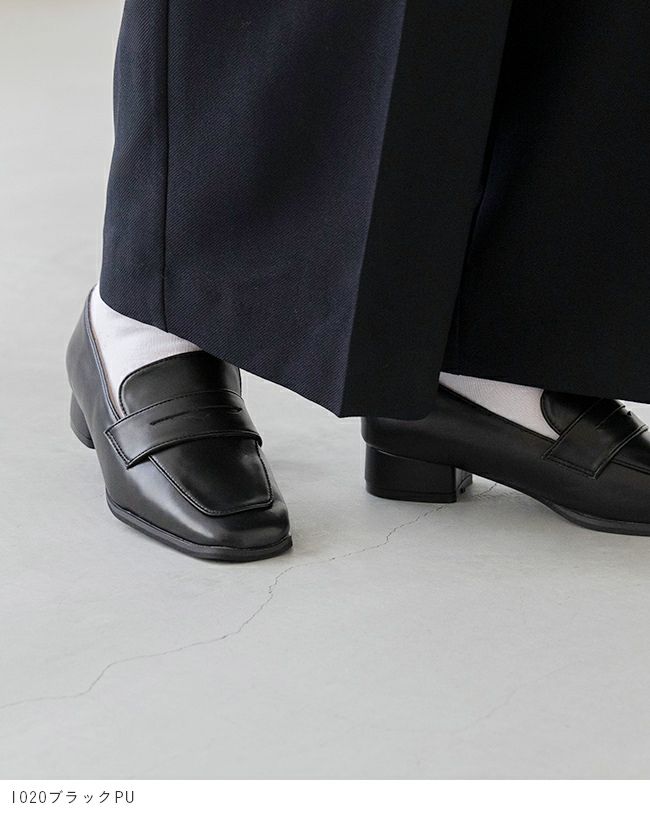 menue (メヌエ) スクエアトゥ 3cmヒール コインローファー