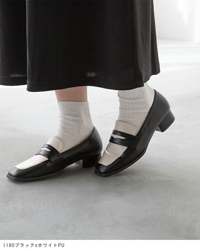 menue (メヌエ) スクエアトゥ 3cmヒール コインローファー