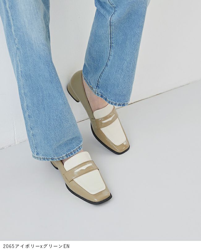 menue (メヌエ) スクエアトゥ 3cmヒール コインローファー