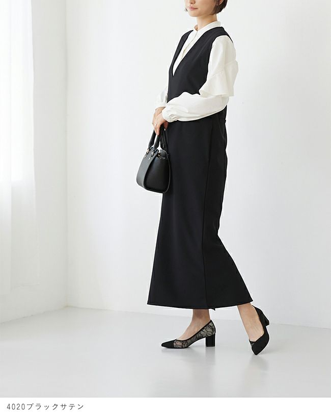 チャンキーヒール 切り替えレースパンプス