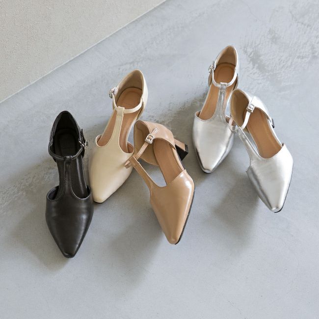 menue (メヌエ) Tストラップ 変形ヒール パンプス