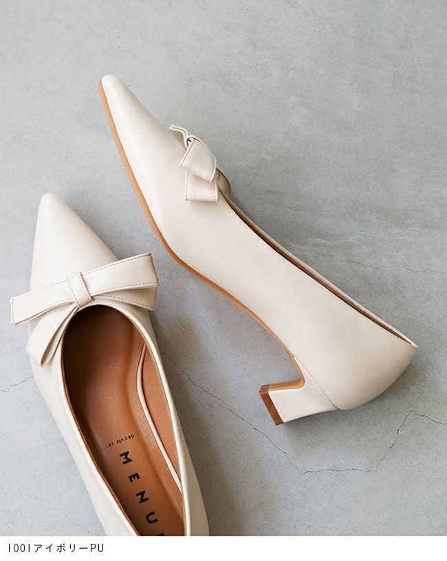 menue (メヌエ) リボンモチーフ ポインテッドトゥ ヒールパンプス