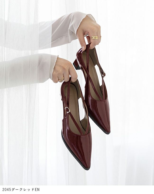 menue (メヌエ) クロスストラップ ポインテッドトゥ ヒールパンプス