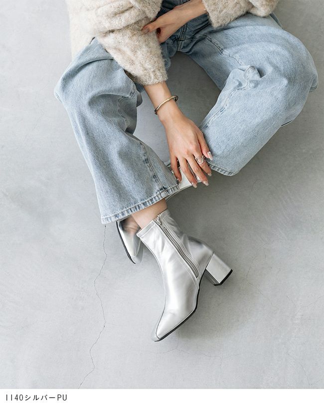 menue (メヌエ) 斜め切替デザイン スクエアトゥ 6cmヒール ショートブーツ